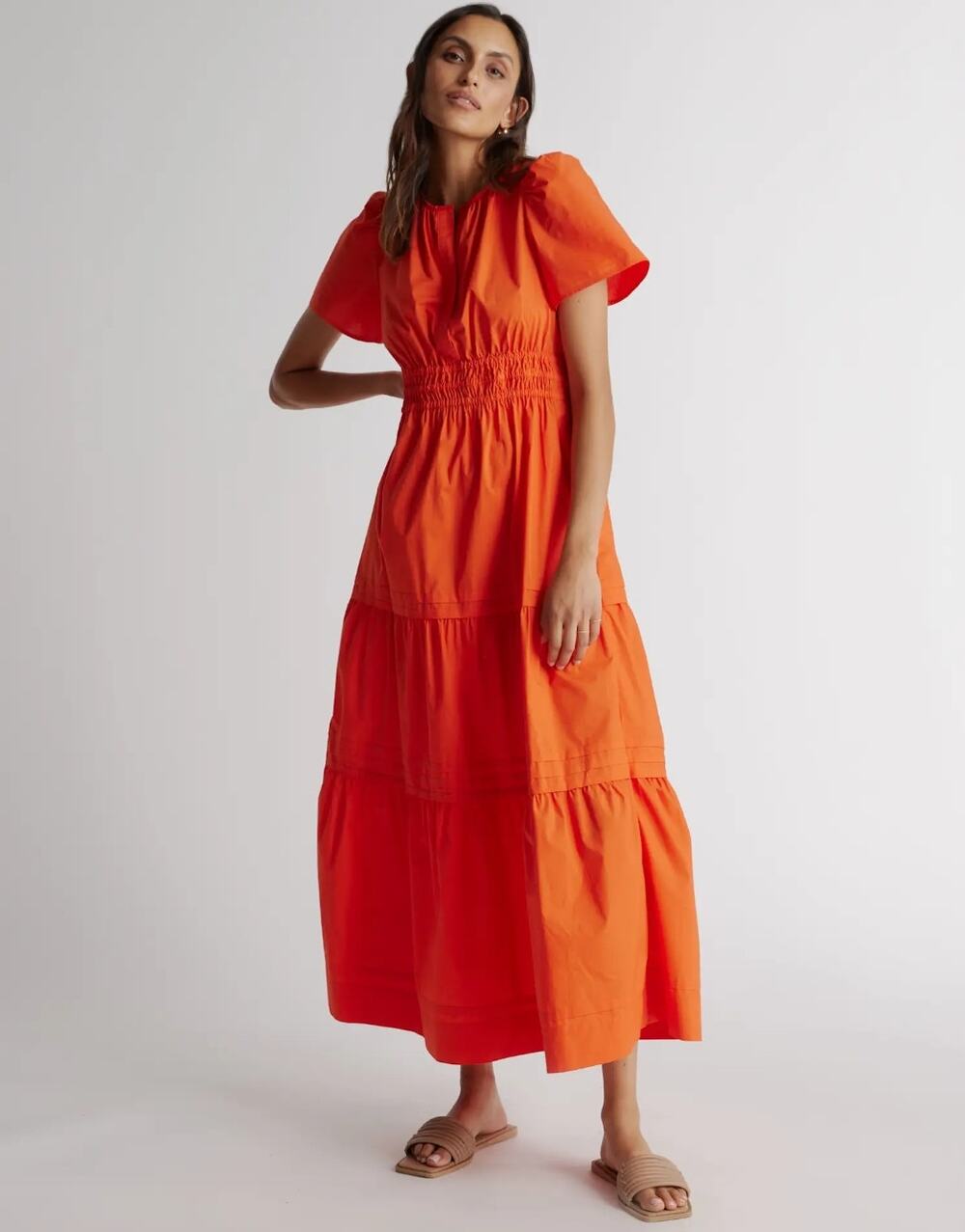 Quince 100% Organic Cotton Poplin Tiered Maxi Dress Vermilion Red Orange Size S